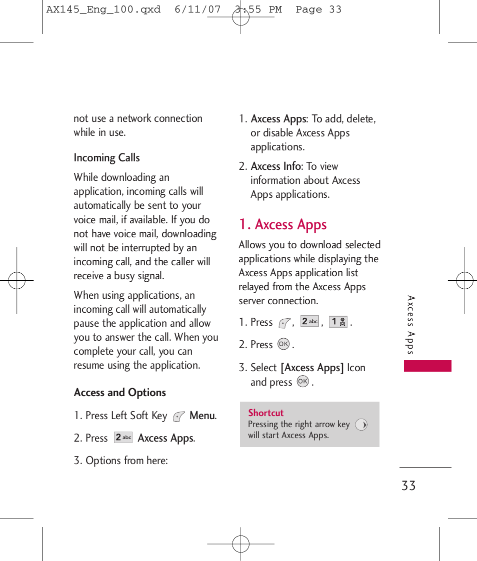 Axcess apps | LG AX 145 User Manual | Page 35 / 95