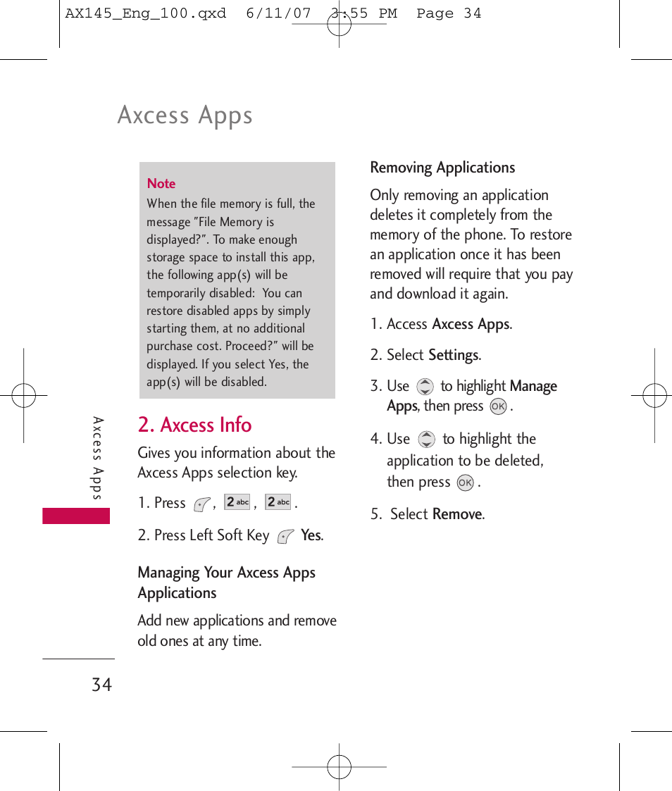 Axcess apps, Axcess info | LG AX 145 User Manual | Page 36 / 95