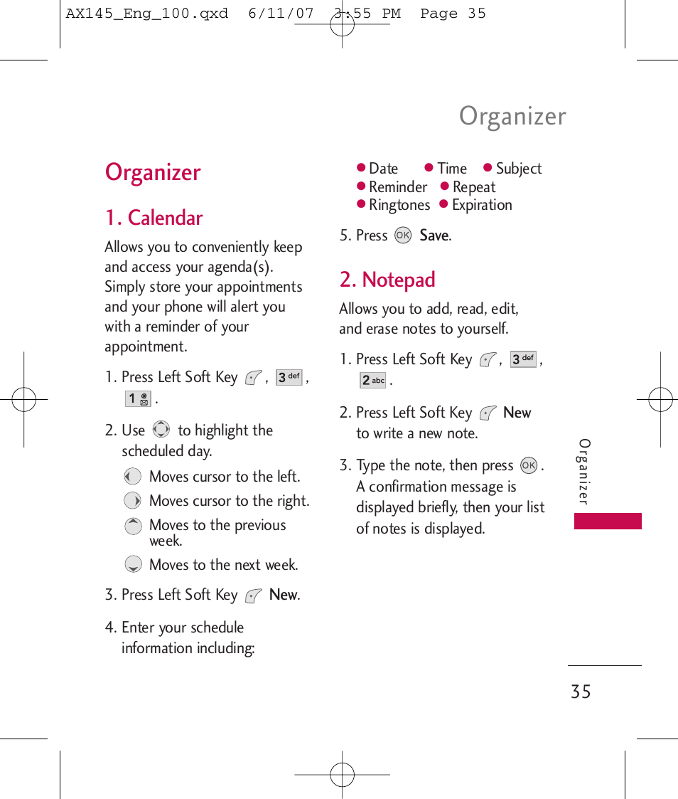 Organizer, Calendar | LG AX 145 User Manual | Page 37 / 95