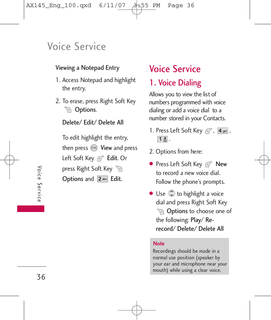 Voice service, Voice dialing | LG AX 145 User Manual | Page 38 / 95