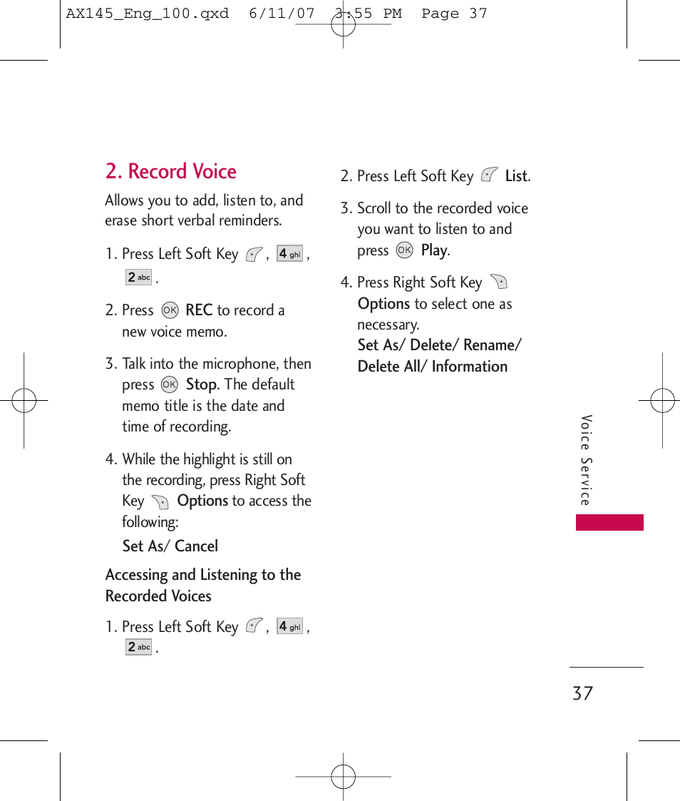 Record voice | LG AX 145 User Manual | Page 39 / 95