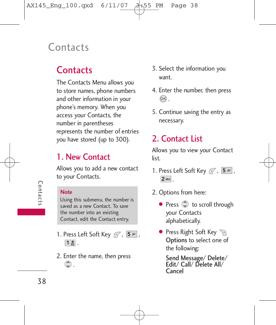 Contacts, New contact, Contact list | LG AX 145 User Manual | Page 40 / 95