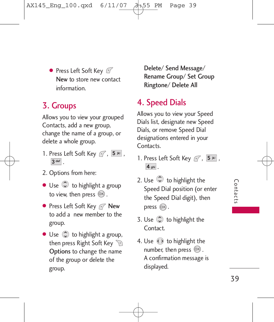 Groups, Speed dials | LG AX 145 User Manual | Page 41 / 95