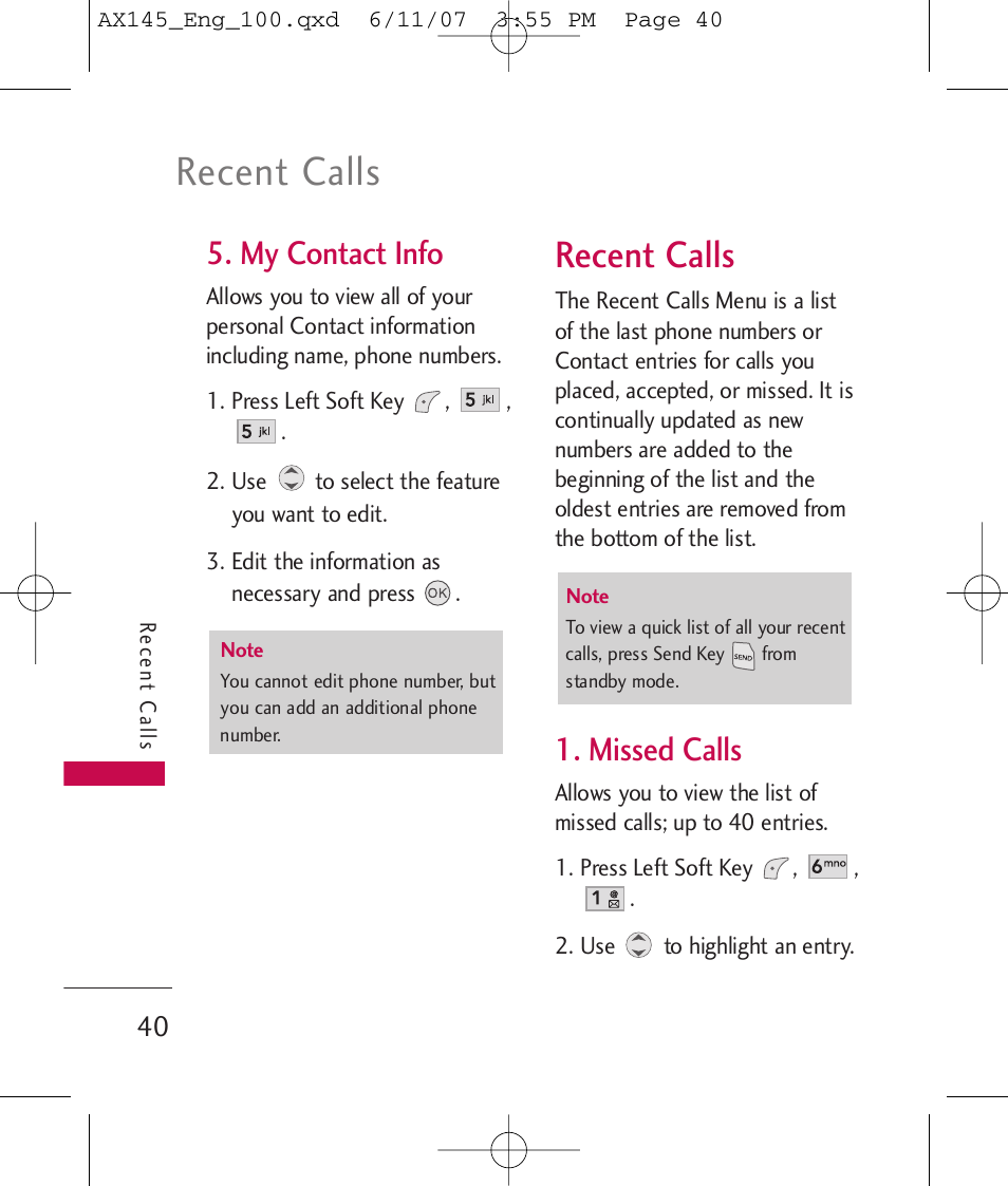 Recent calls, My contact info, Missed calls | LG AX 145 User Manual | Page 42 / 95