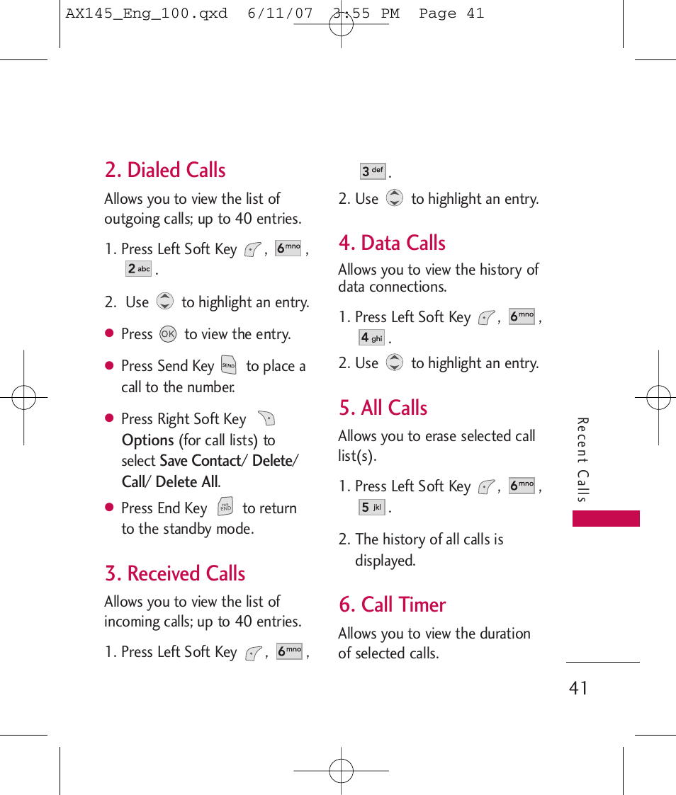 Dialed calls, Received calls, Data calls | All calls, Call timer | LG AX 145 User Manual | Page 43 / 95