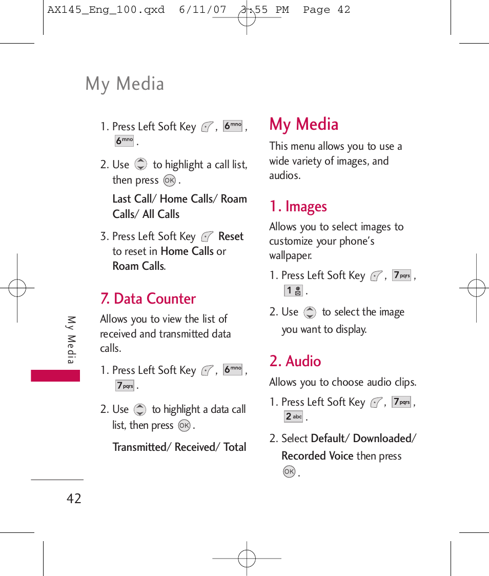 My media, Data counter, Images | Audio | LG AX 145 User Manual | Page 44 / 95