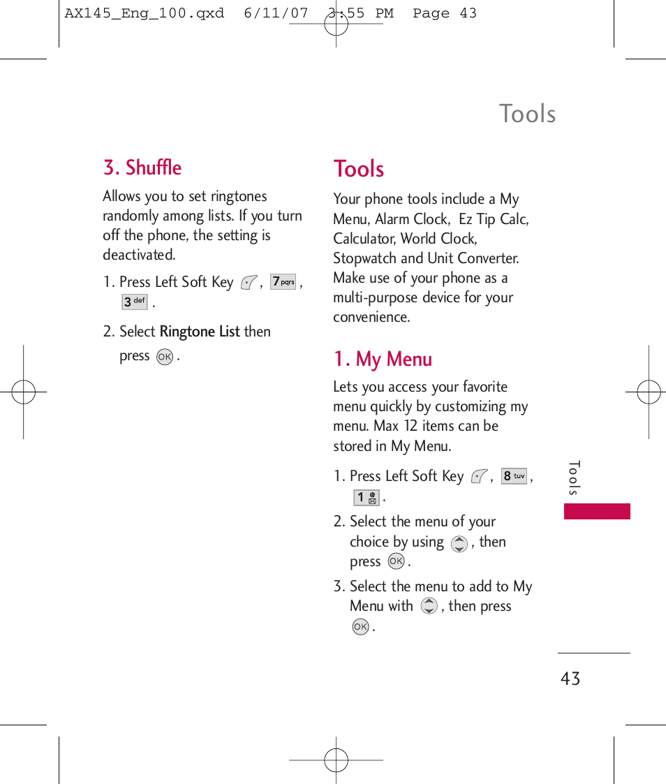 Tools, Shuffle, My menu | LG AX 145 User Manual | Page 45 / 95