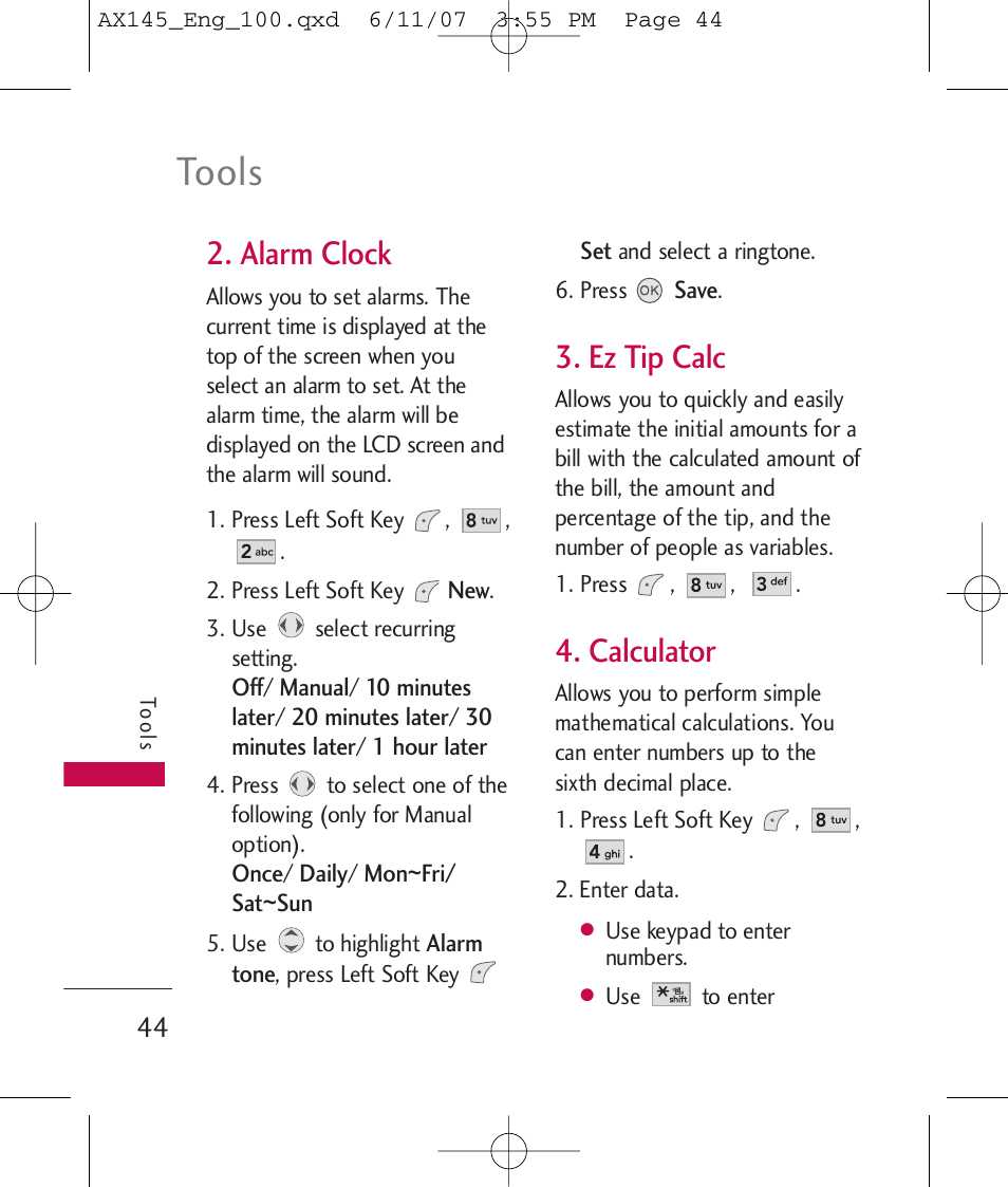 Tools, Alarm clock, Ez tip calc | Calculator | LG AX 145 User Manual | Page 46 / 95