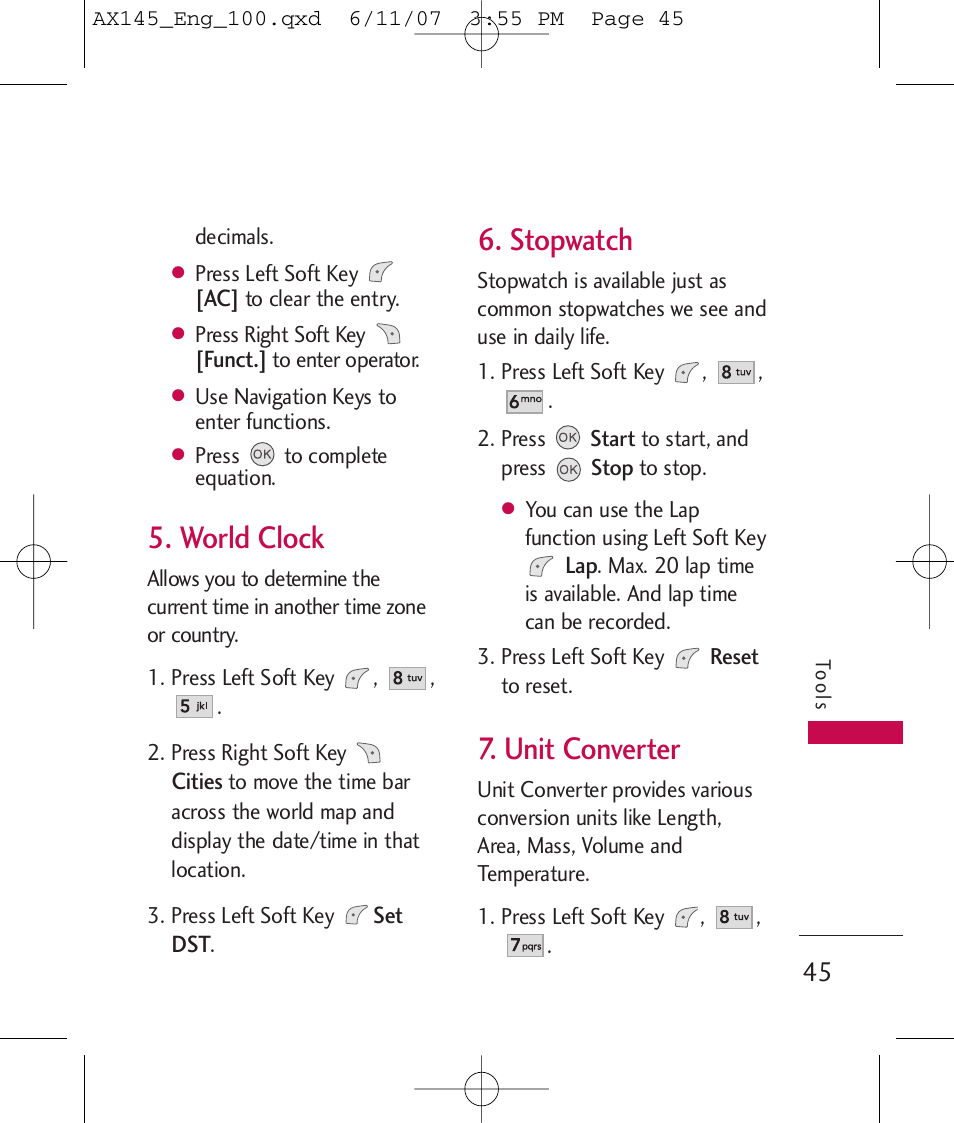 World clock, Stopwatch, Unit converter | LG AX 145 User Manual | Page 47 / 95