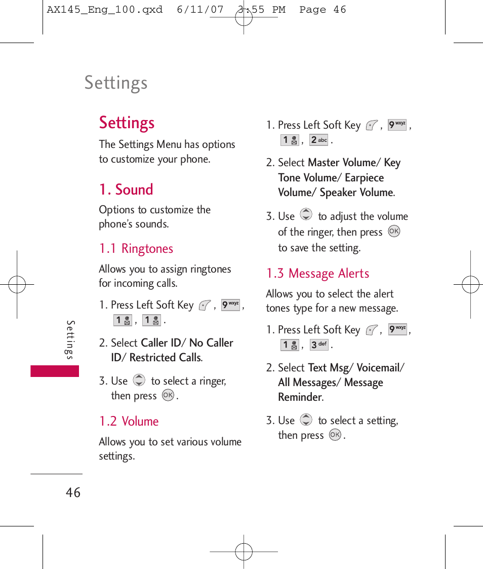 Settings, Sound, 1 ringtones | 2 volume, 3 message alerts | LG AX 145 User Manual | Page 48 / 95