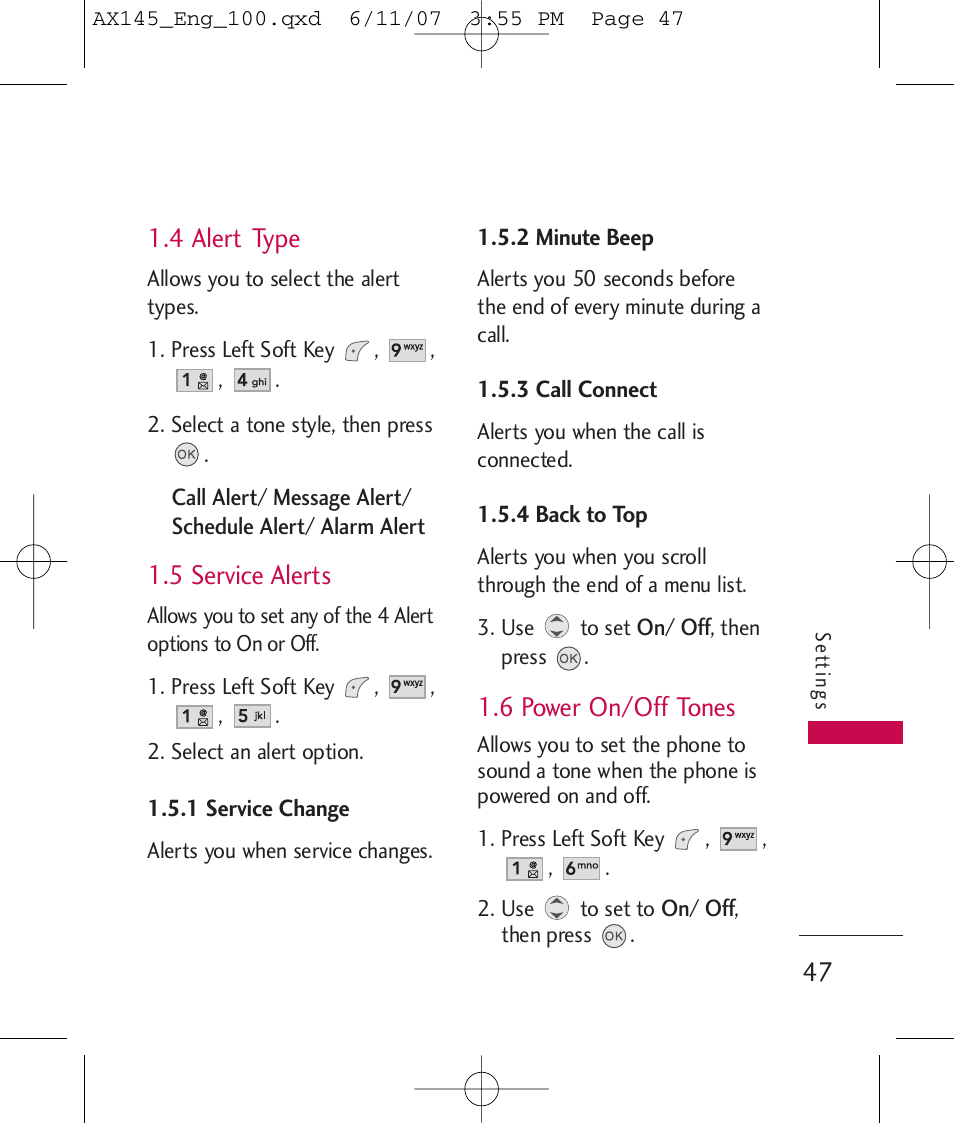 4 alert type, 5 service alerts, 6 power on/off tones | LG AX 145 User Manual | Page 49 / 95