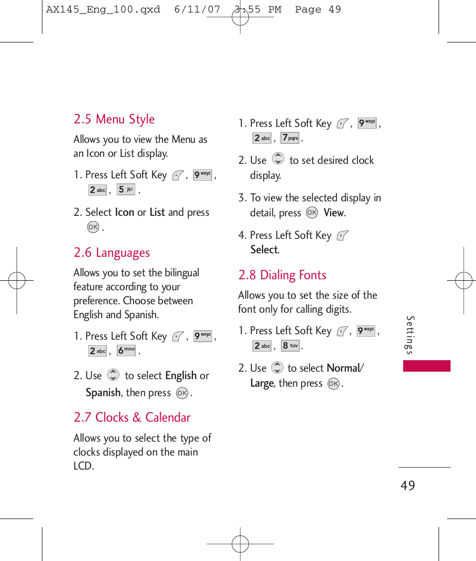 5 menu style, 6 languages, 7 clocks & calendar | 8 dialing fonts | LG AX 145 User Manual | Page 51 / 95