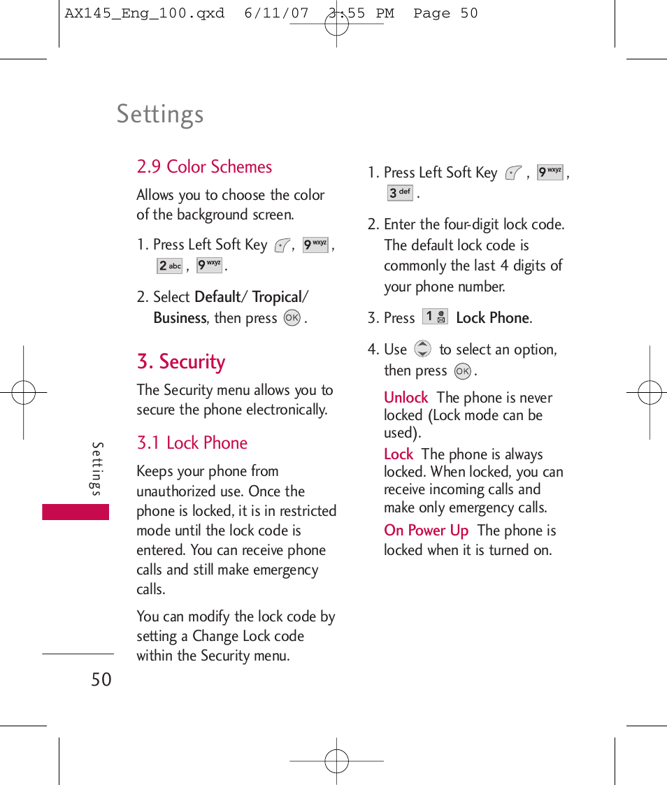 Settings, Security, 9 color schemes | 1 lock phone | LG AX 145 User Manual | Page 52 / 95