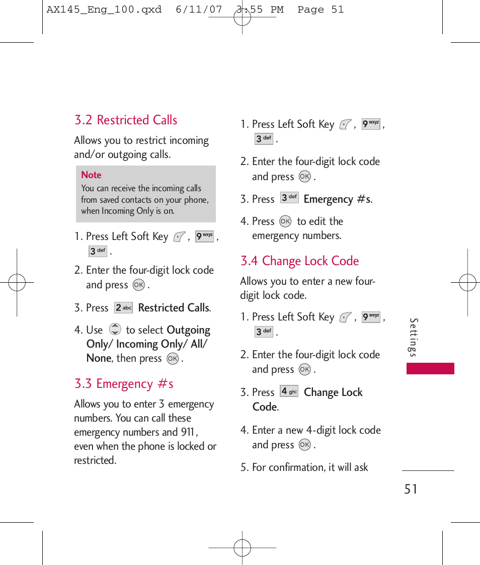 2 restricted calls, 3 emergency #s, 4 change lock code | LG AX 145 User Manual | Page 53 / 95