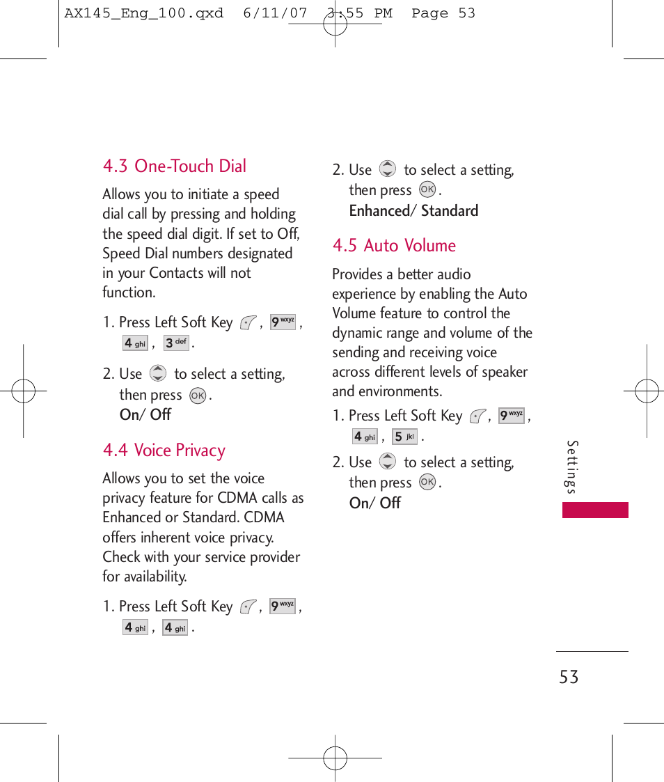 3 one-touch dial, 4 voice privacy, 5 auto volume | LG AX 145 User Manual | Page 55 / 95