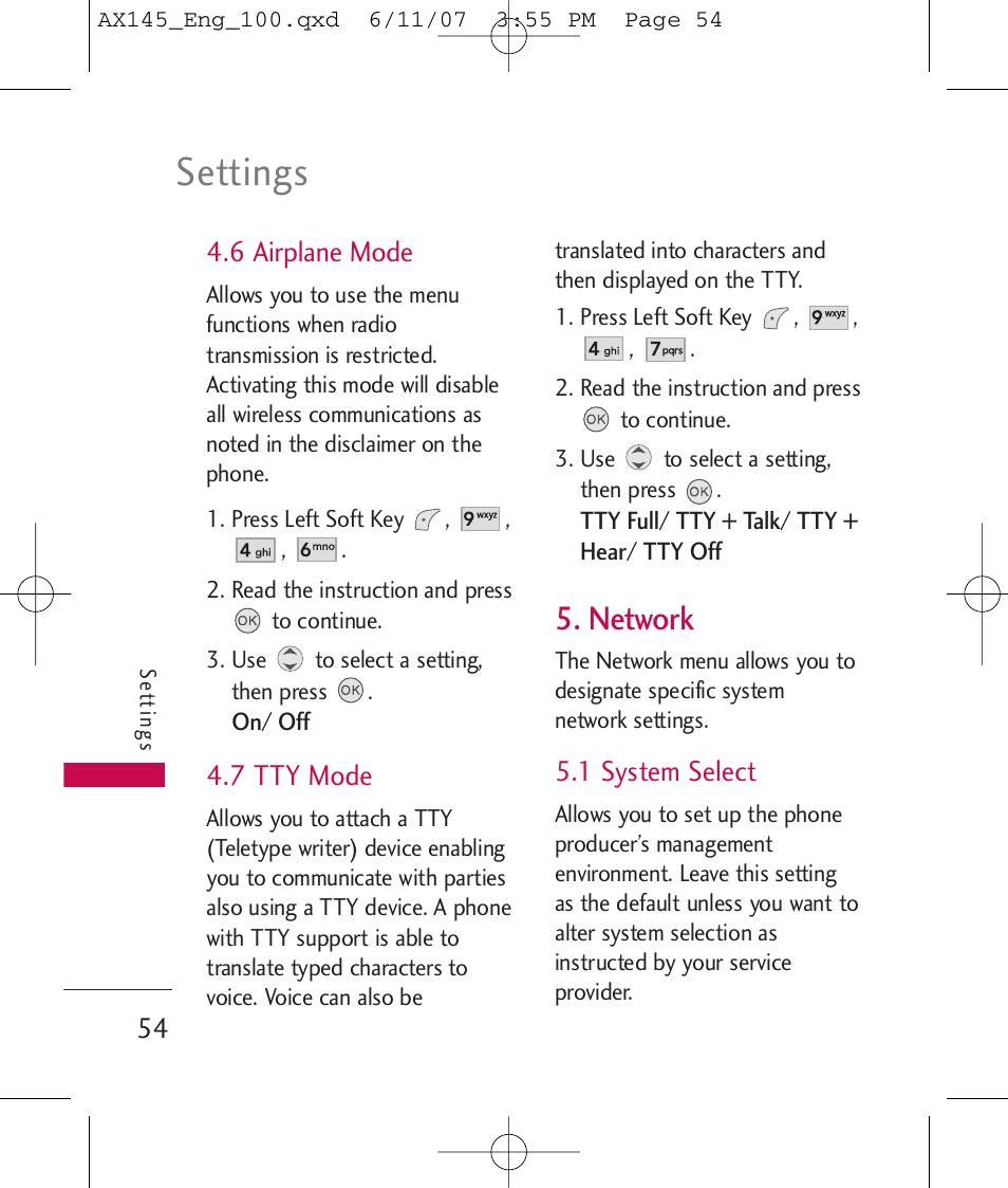 Settings, Network, 6 airplane mode | 7 tty mode, 1 system select | LG AX 145 User Manual | Page 56 / 95