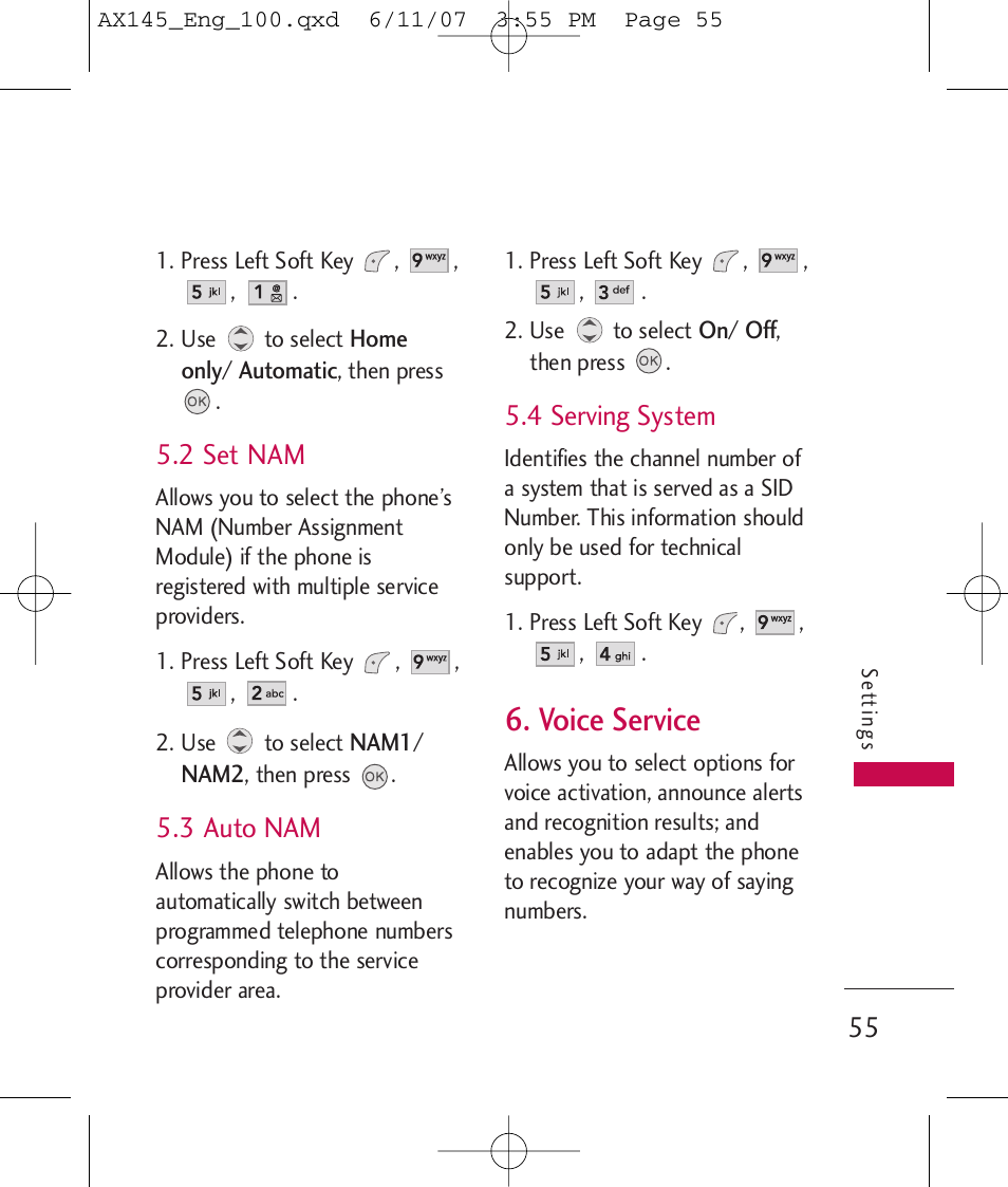 Voice service, 2 set nam, 3 auto nam | 4 serving system | LG AX 145 User Manual | Page 57 / 95