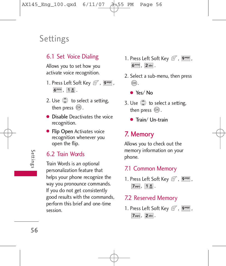 Settings, 1 set voice dialing, 2 train words | LG AX 145 User Manual | Page 58 / 95