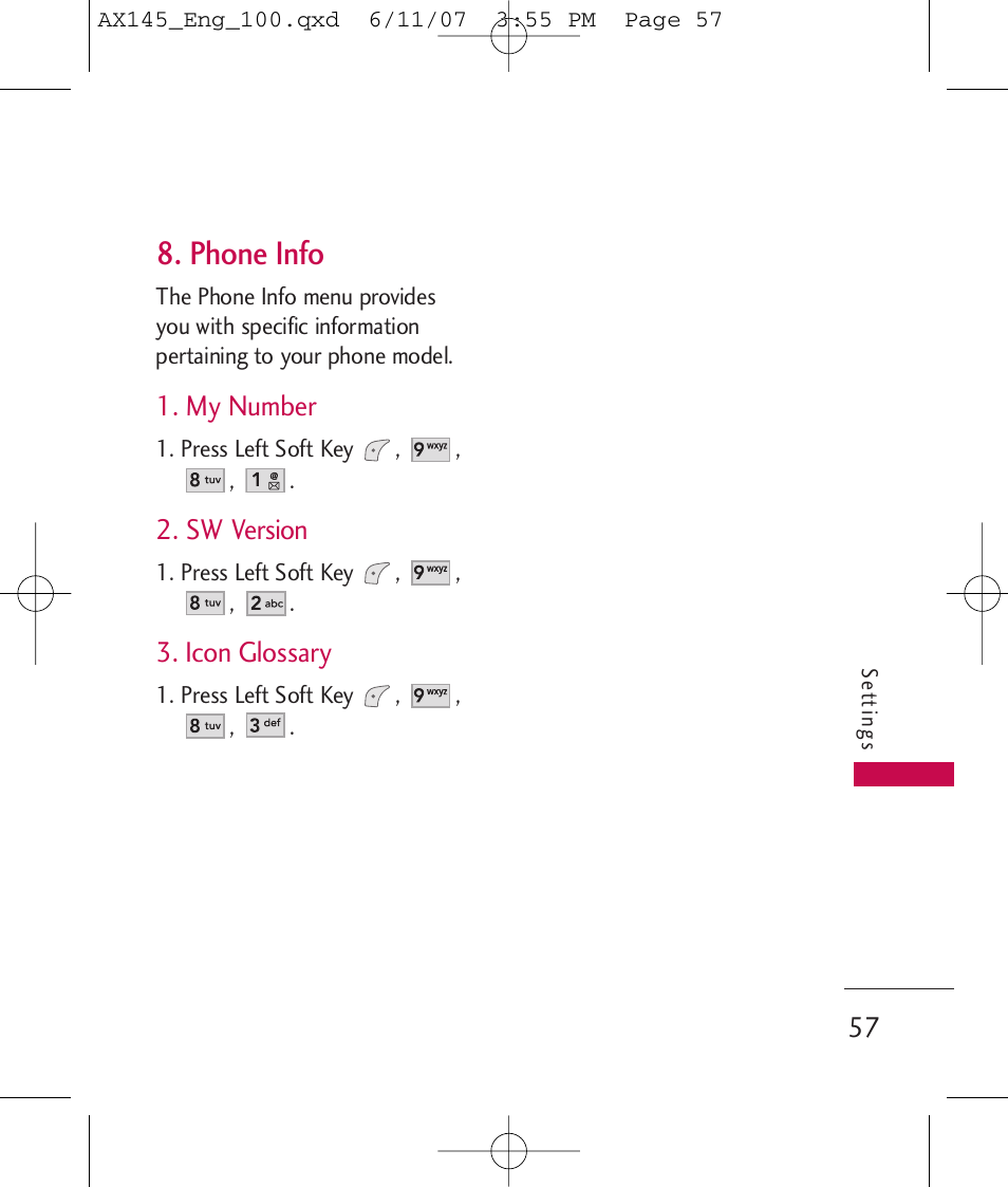 Phone info, My number, Sw version | Icon glossary | LG AX 145 User Manual | Page 59 / 95