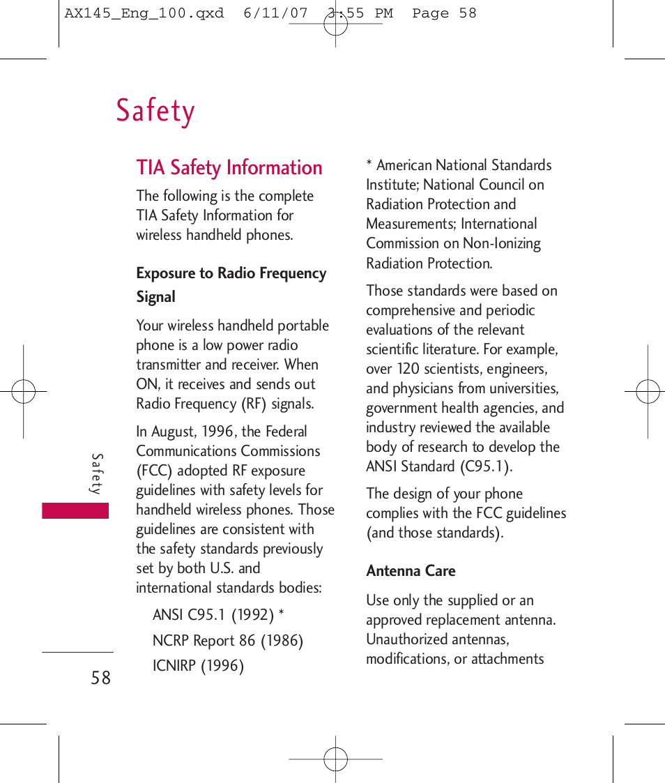 Safety, Tia safety information | LG AX 145 User Manual | Page 60 / 95
