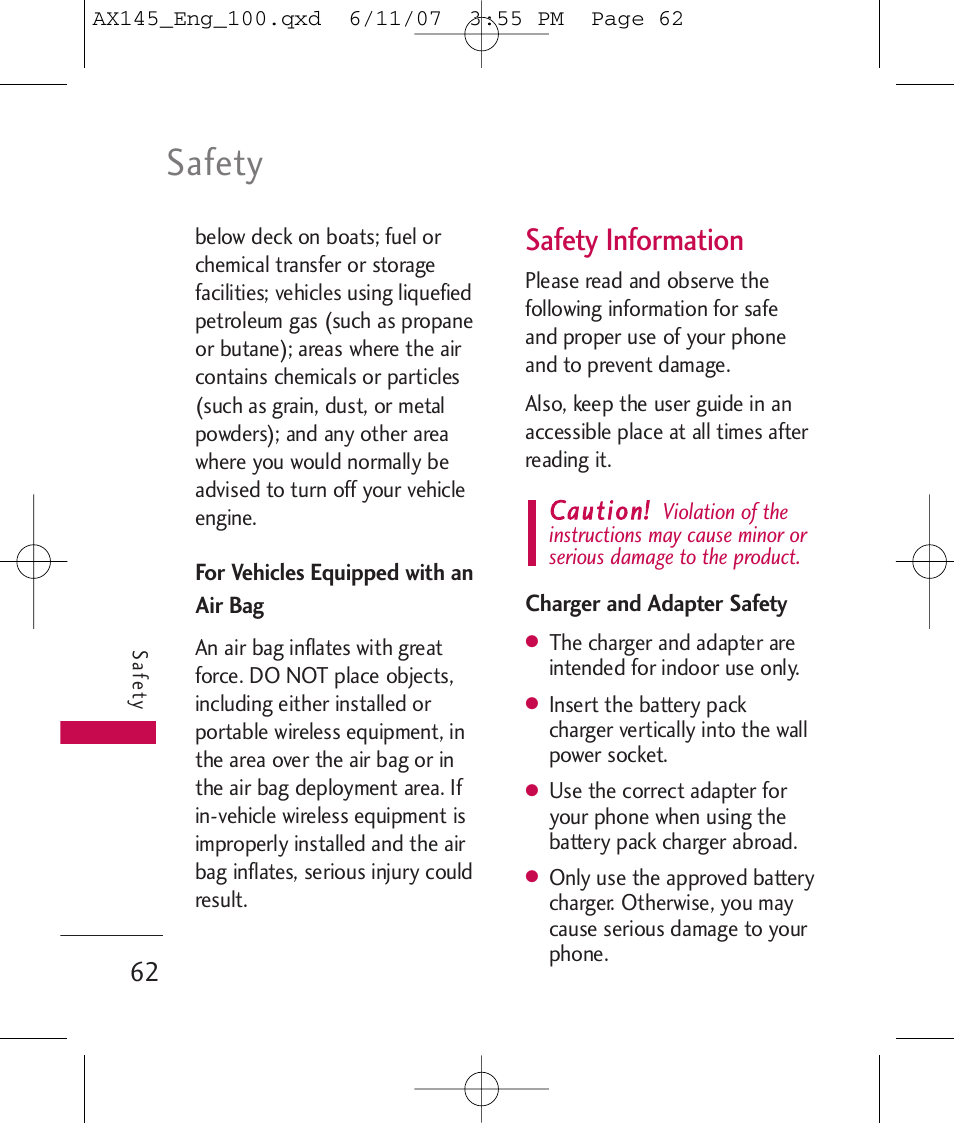 Safety, Safety information, Caution | LG AX 145 User Manual | Page 64 / 95