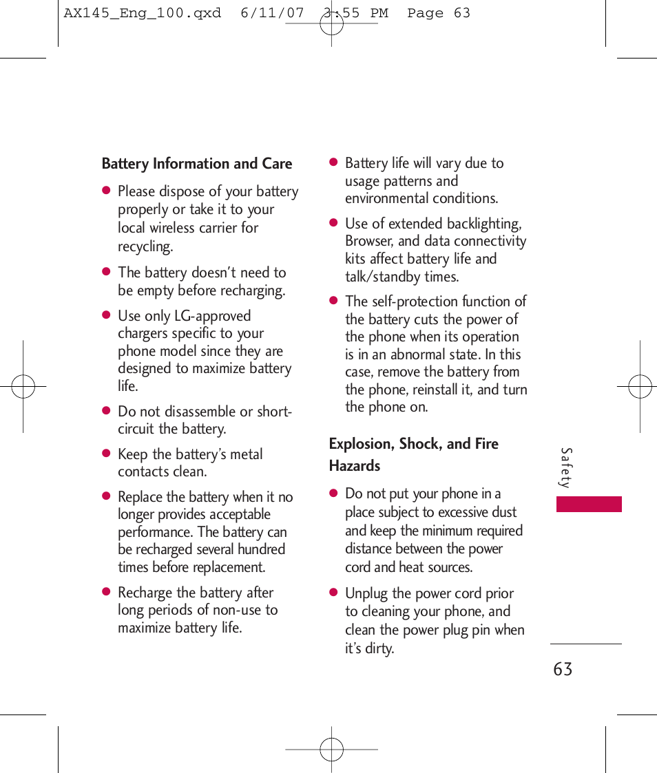 Battery information and care, Explosion, shock, and fire hazards | LG AX 145 User Manual | Page 65 / 95