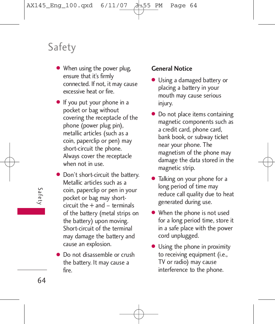 Safety | LG AX 145 User Manual | Page 66 / 95