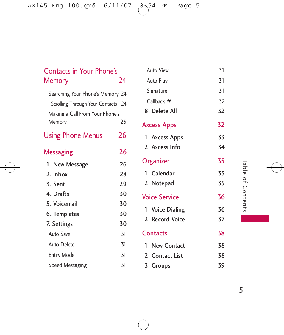 Using phone menus 26 | LG AX 145 User Manual | Page 7 / 95