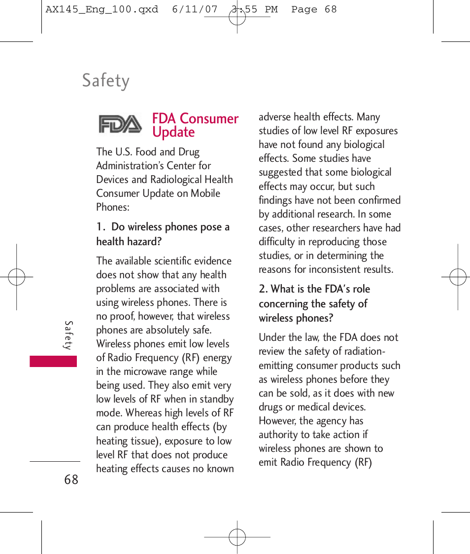 Safety, Fda consumer update | LG AX 145 User Manual | Page 70 / 95