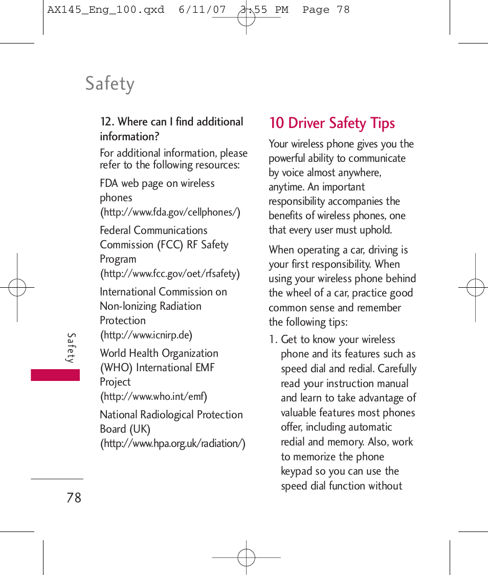 Safety, 10 driver safety tips | LG AX 145 User Manual | Page 80 / 95