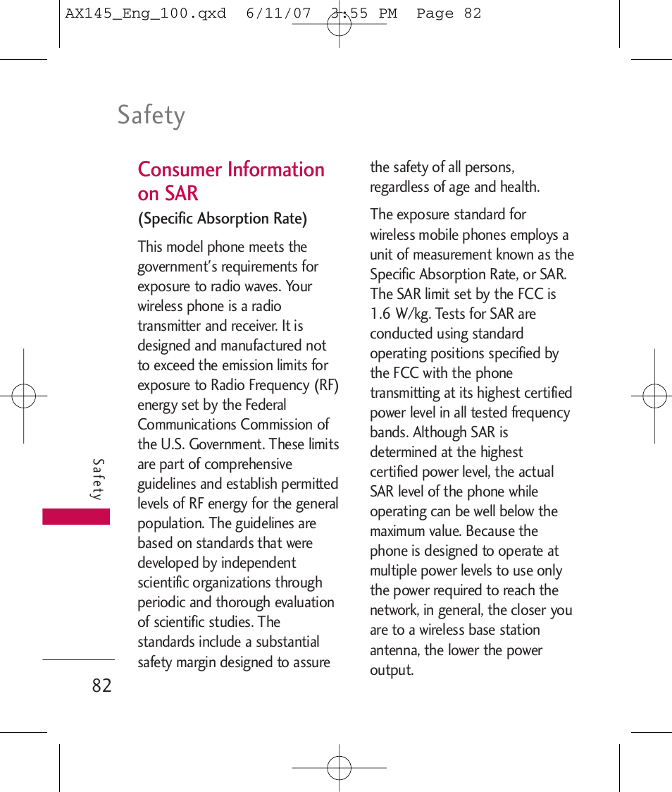 Safety, Consumer information on sar | LG AX 145 User Manual | Page 84 / 95