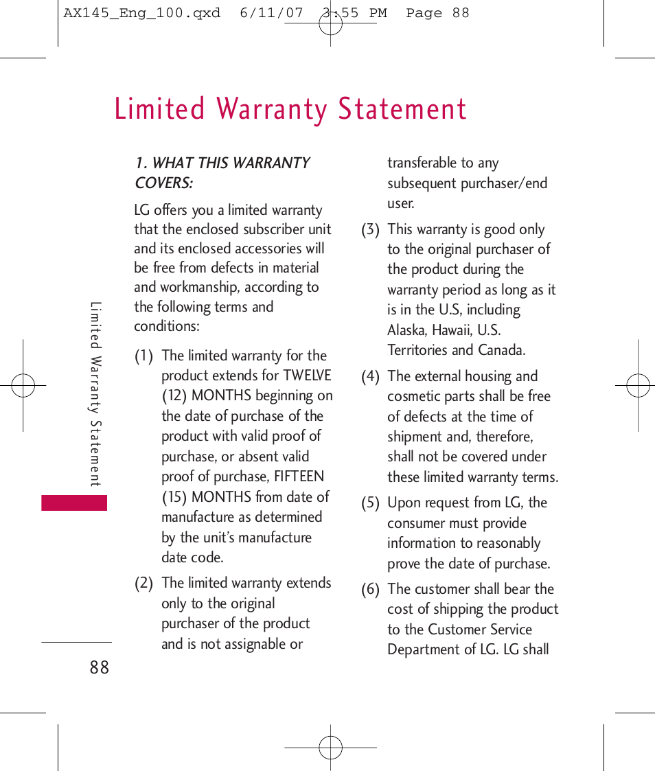 Limited warranty statement | LG AX 145 User Manual | Page 90 / 95