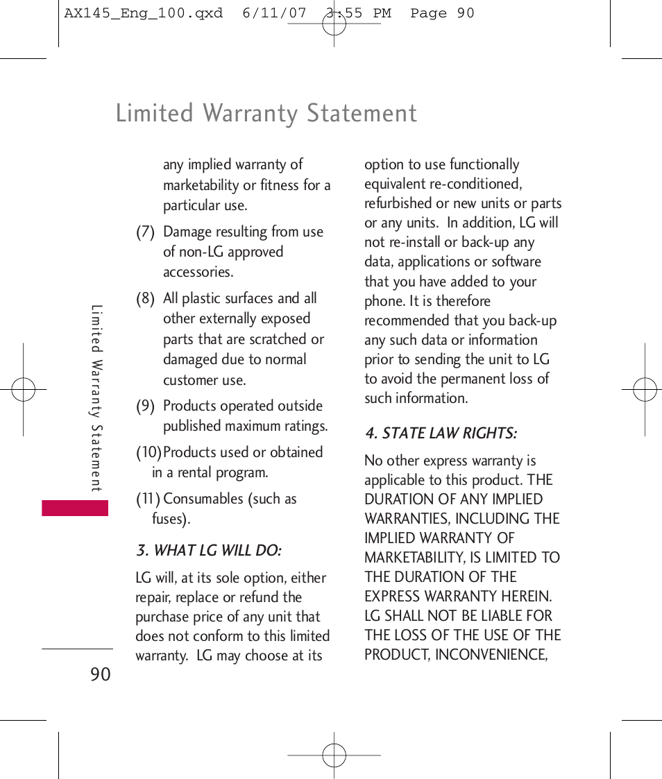 Limited warranty statement | LG AX 145 User Manual | Page 92 / 95