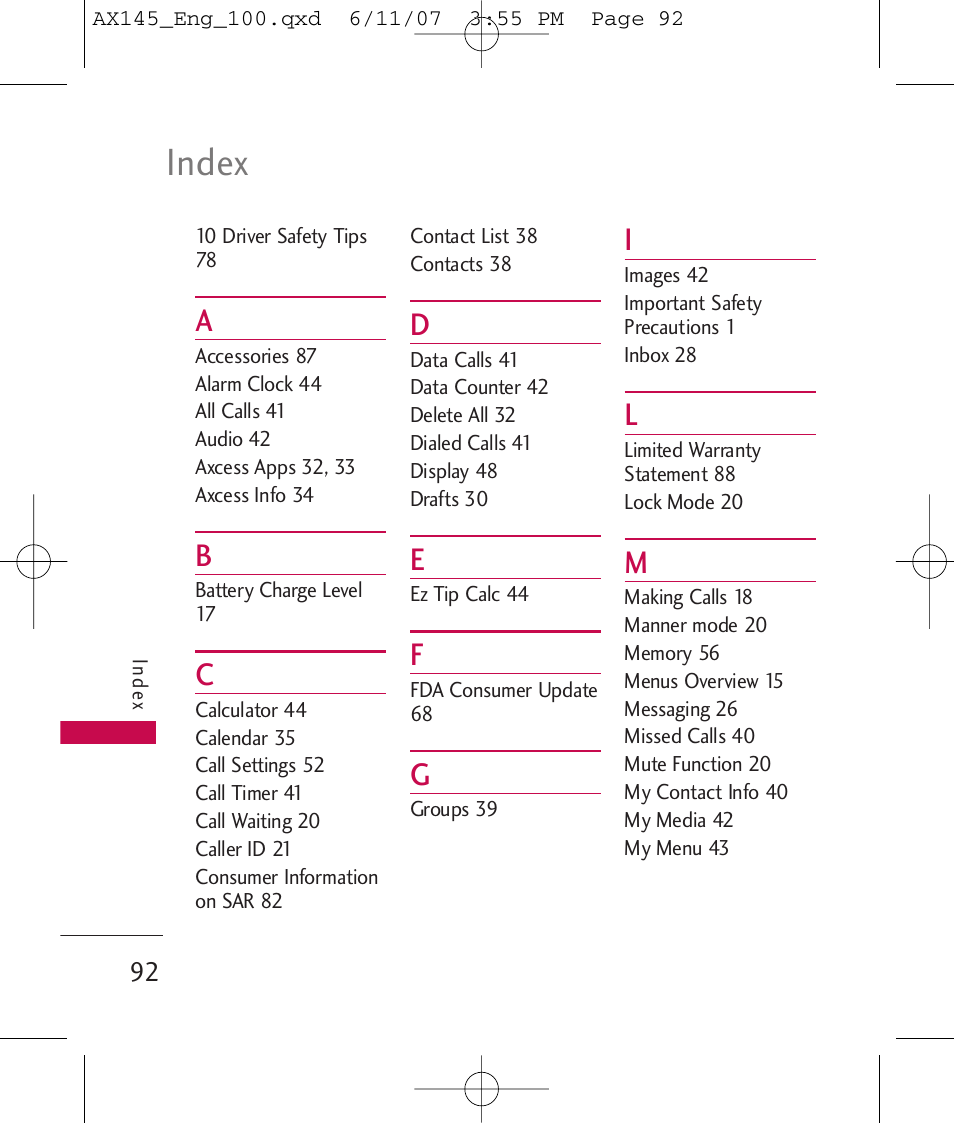 Index | LG AX 145 User Manual | Page 94 / 95