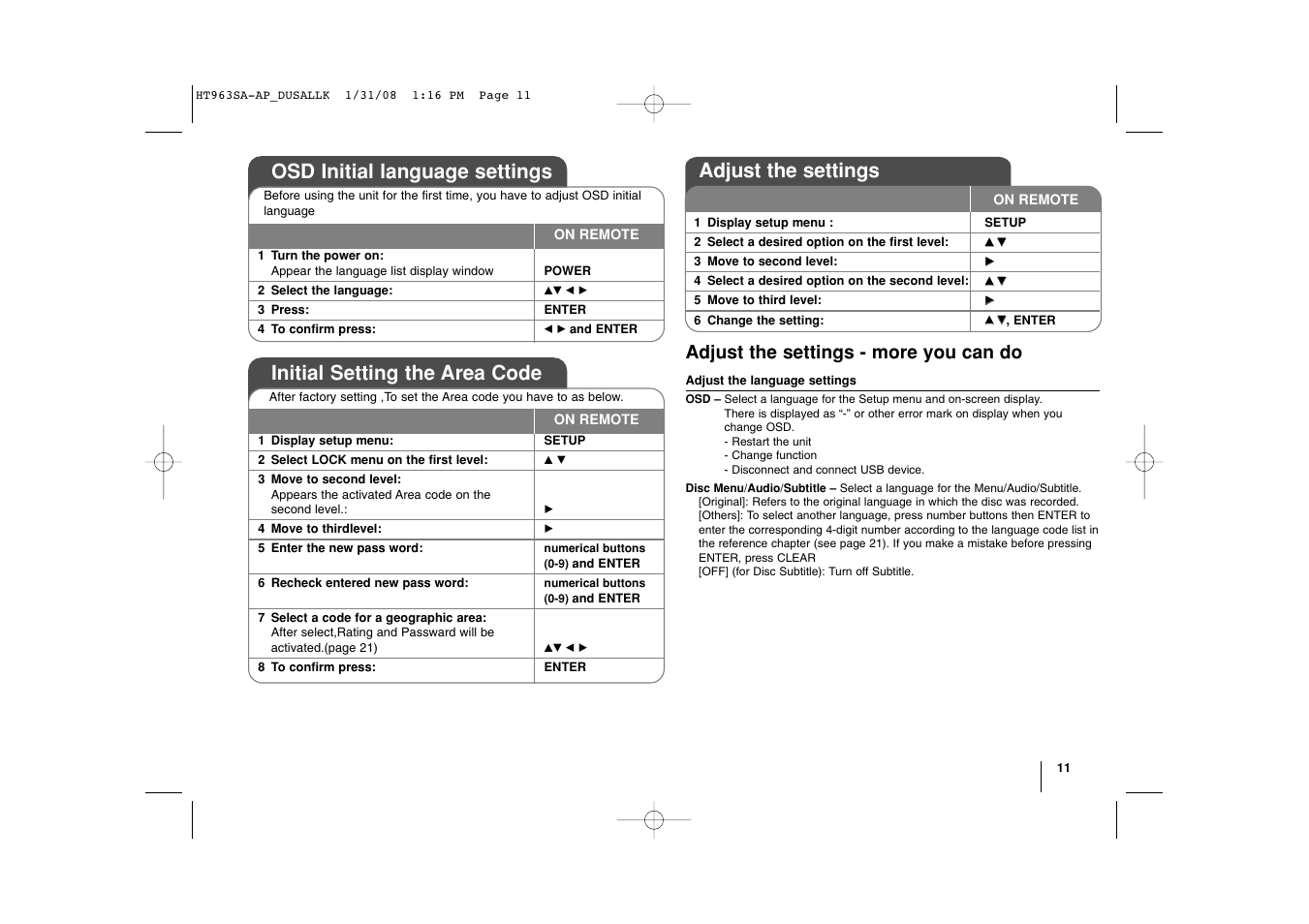 Adjust the settings, Osd initial language settings, Initial setting the area code | Adjust the settings - more you can do | LG LHT854 User Manual | Page 11 / 25