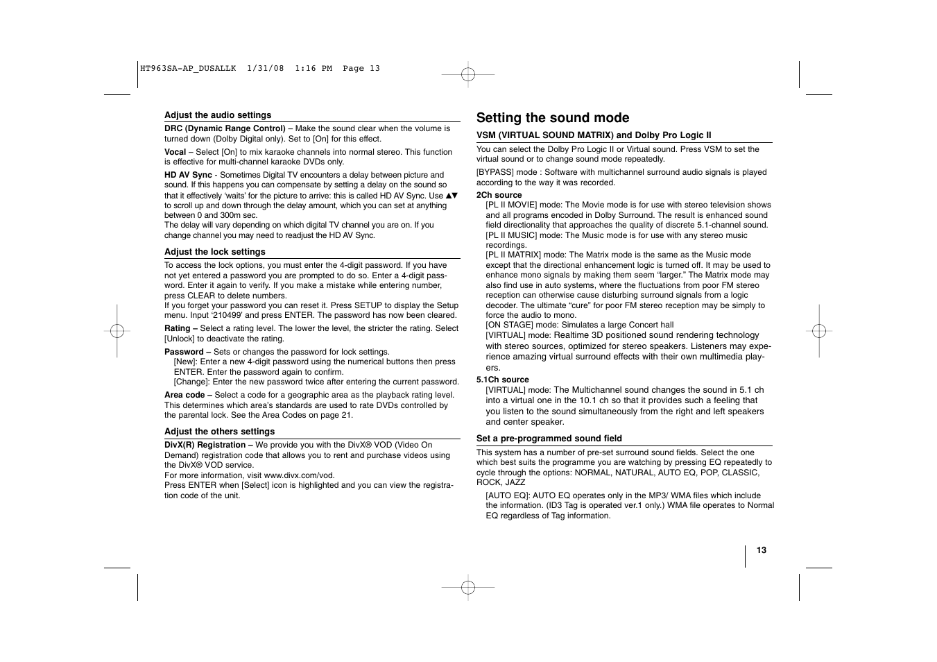 Setting the sound mode | LG LHT854 User Manual | Page 13 / 25