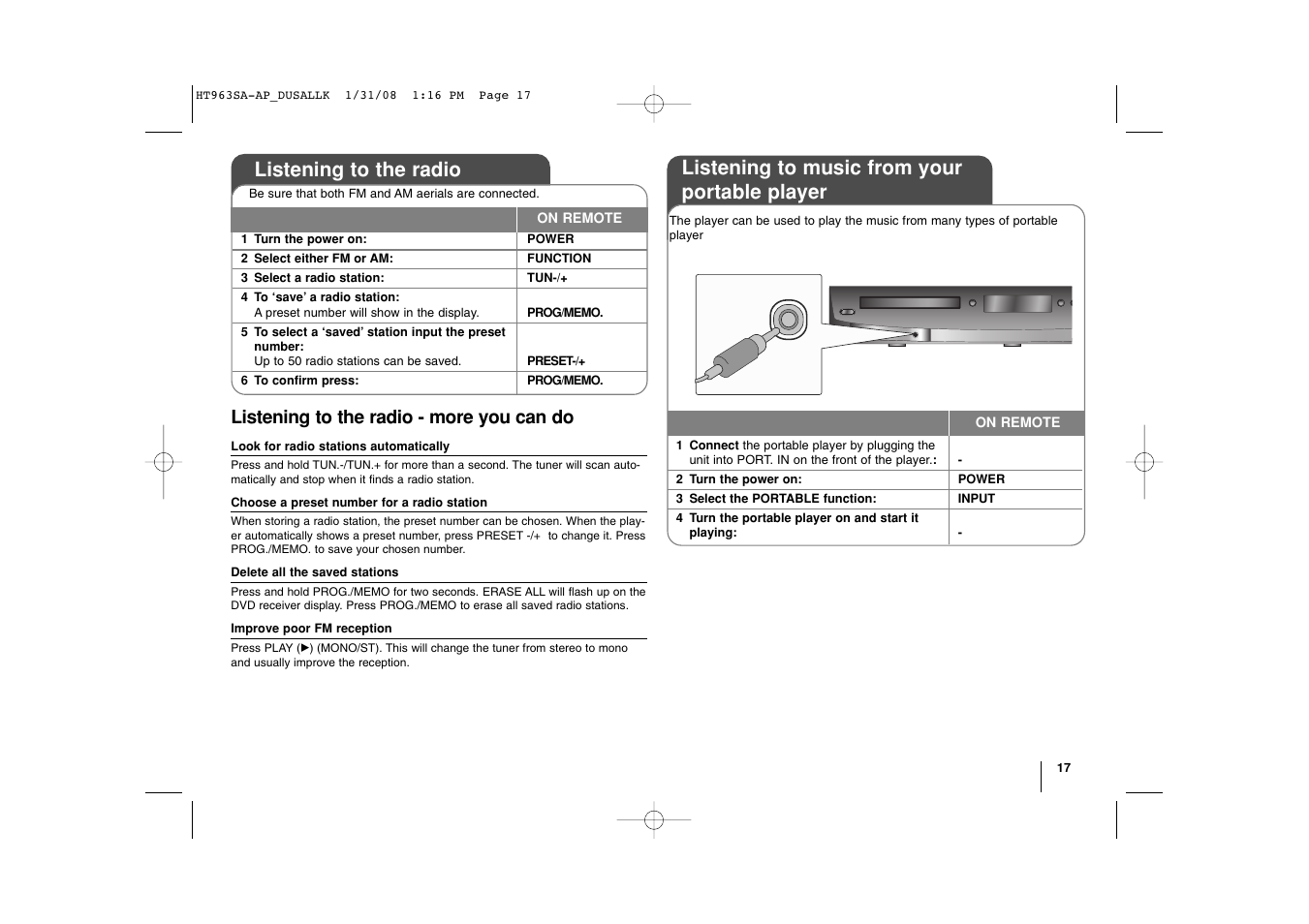 Listening to the radio, Listening to music from your portable player, Listening to the radio - more you can do | LG LHT854 User Manual | Page 17 / 25