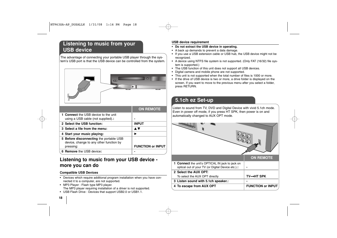 1ch ez set-up, Listening to music from your usb device | LG LHT854 User Manual | Page 18 / 25