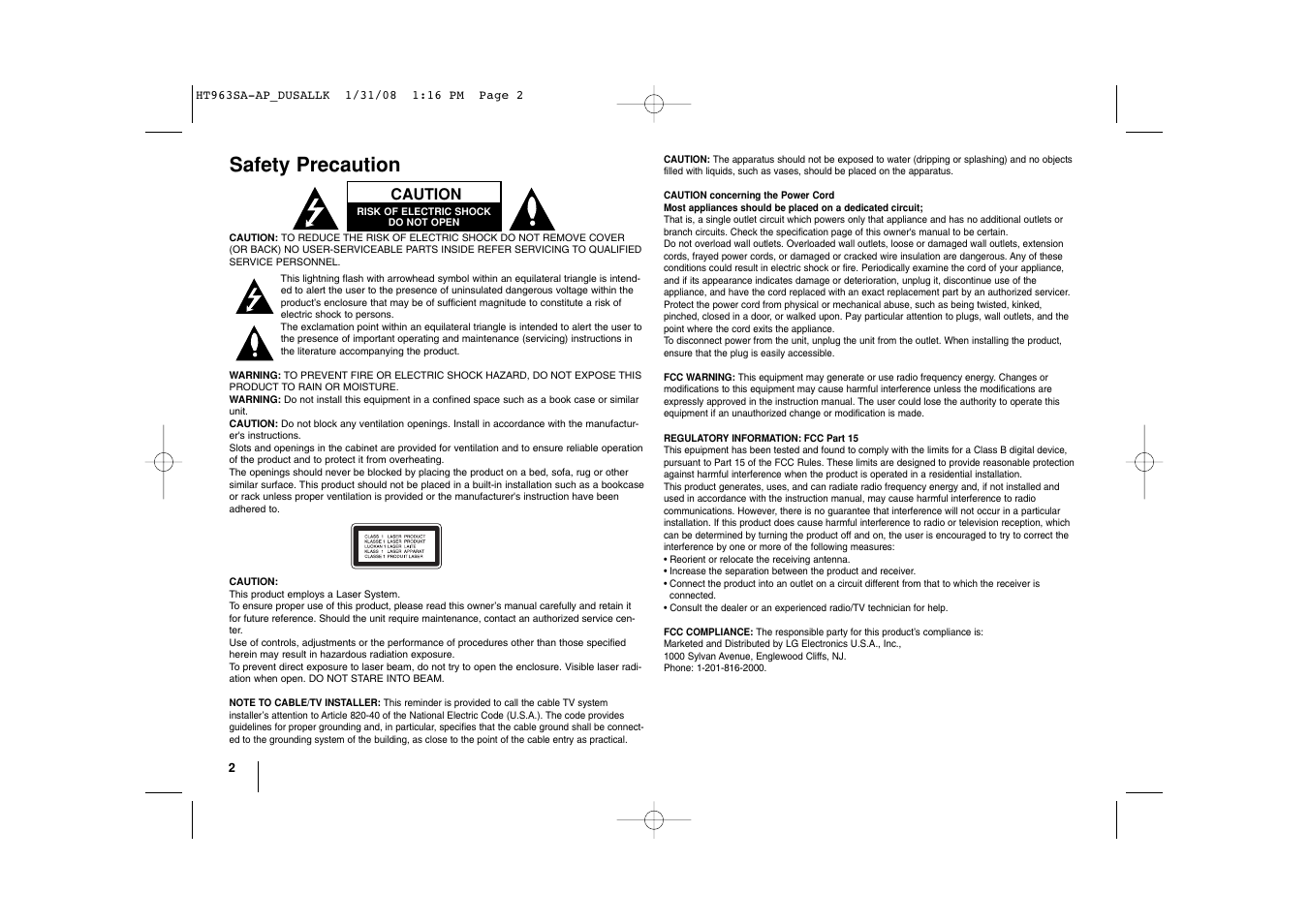 Safety precaution | LG LHT854 User Manual | Page 2 / 25