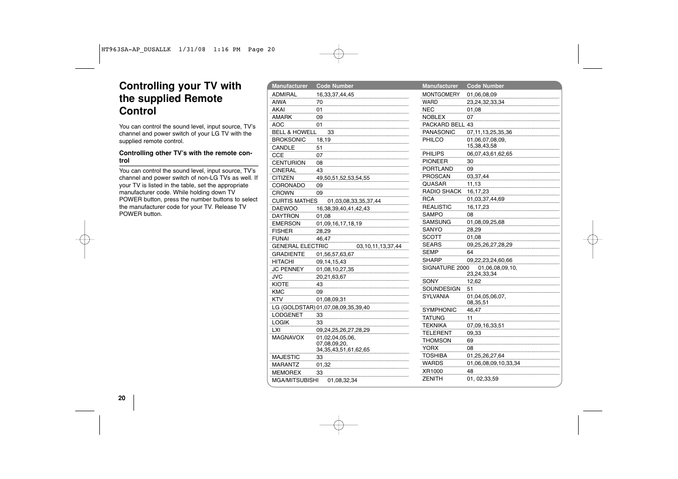 LG LHT854 User Manual | Page 20 / 25