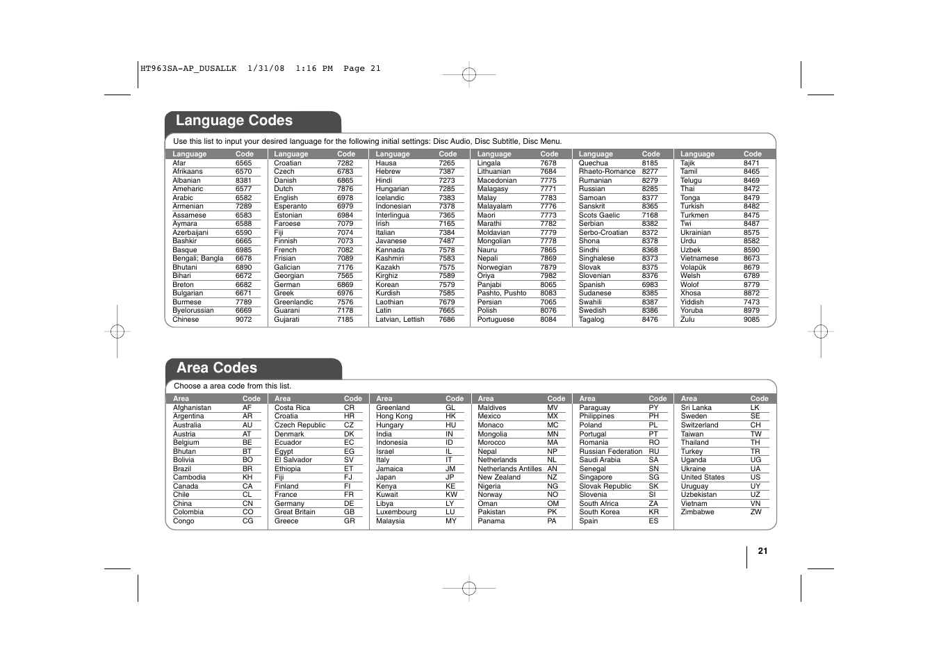 Language codes, Area codes | LG LHT854 User Manual | Page 21 / 25