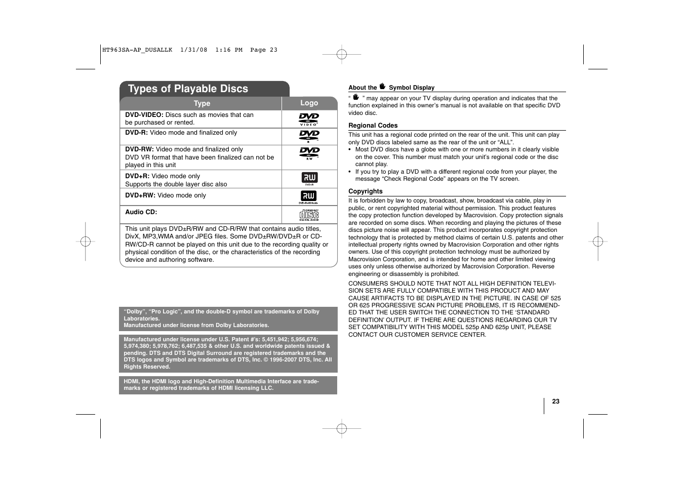 Types of playable discs | LG LHT854 User Manual | Page 23 / 25