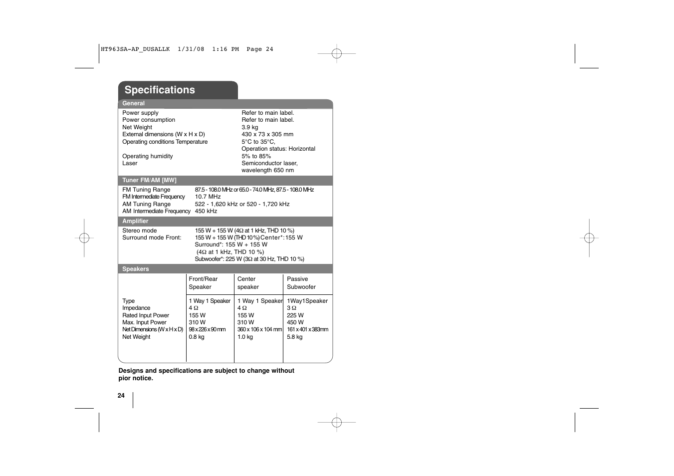 Specifications | LG LHT854 User Manual | Page 24 / 25