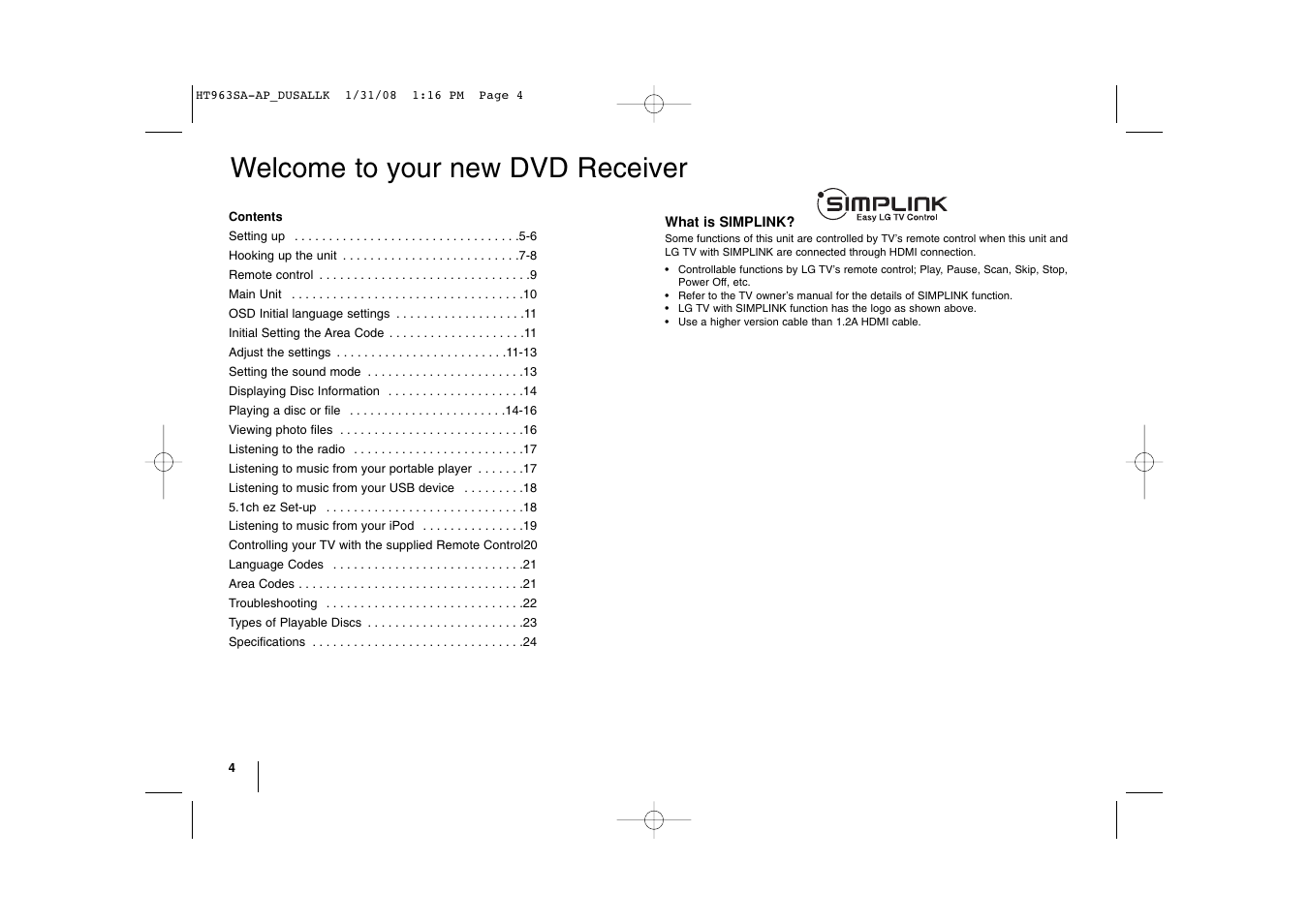 Welcome to your new dvd receiver | LG LHT854 User Manual | Page 4 / 25