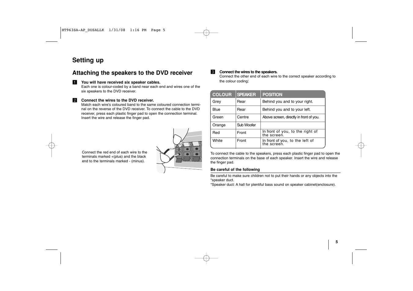 Setting up, Attaching the speakers to the dvd receiver | LG LHT854 User Manual | Page 5 / 25
