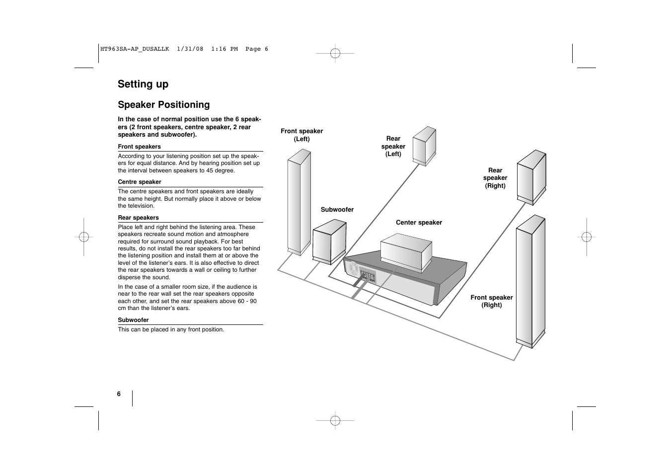 Setting up, Speaker positioning | LG LHT854 User Manual | Page 6 / 25