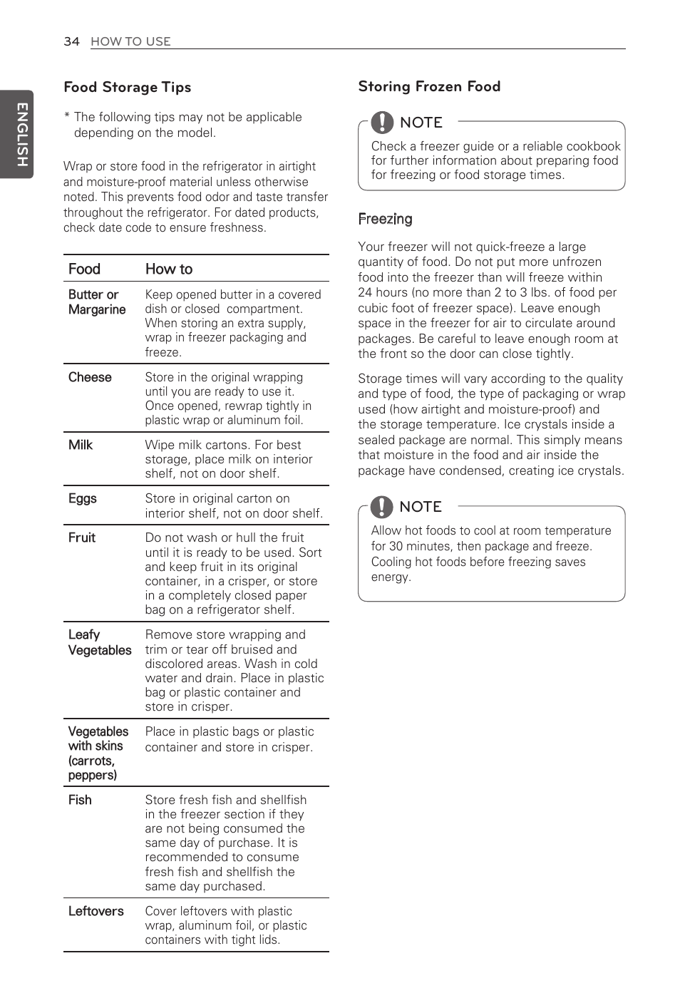 Food storage tips, Storing frozen food, English | LG French Door Refrigerator MFL62184416 User Manual | Page 34 / 61