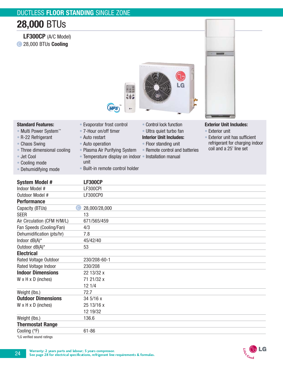 Ductless floor standing single zone, Lf300cp | LG LA090HP User Manual | Page 27 / 36