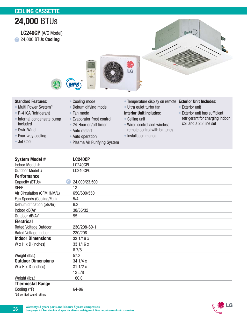 Ceiling cassette, Lc240cp | LG LA090HP User Manual | Page 29 / 36