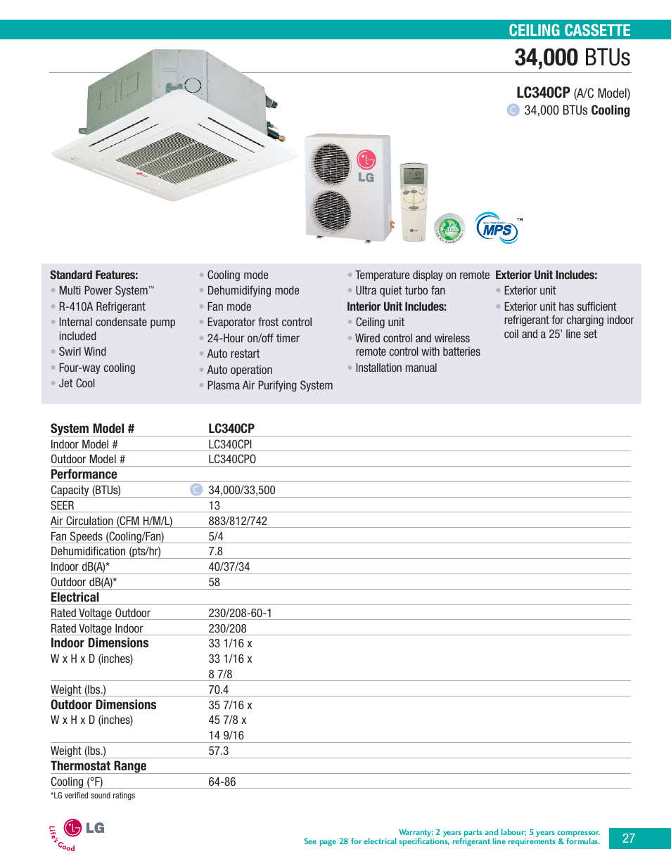 Ceiling cassette, Lc340cp | LG LA090HP User Manual | Page 30 / 36